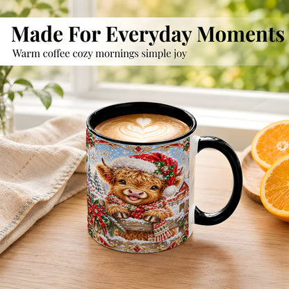 #pl[11oz|Black] Christmas Highland Cow Coffee Mug, Poinsettia Cow Mug, Ceramic Cup