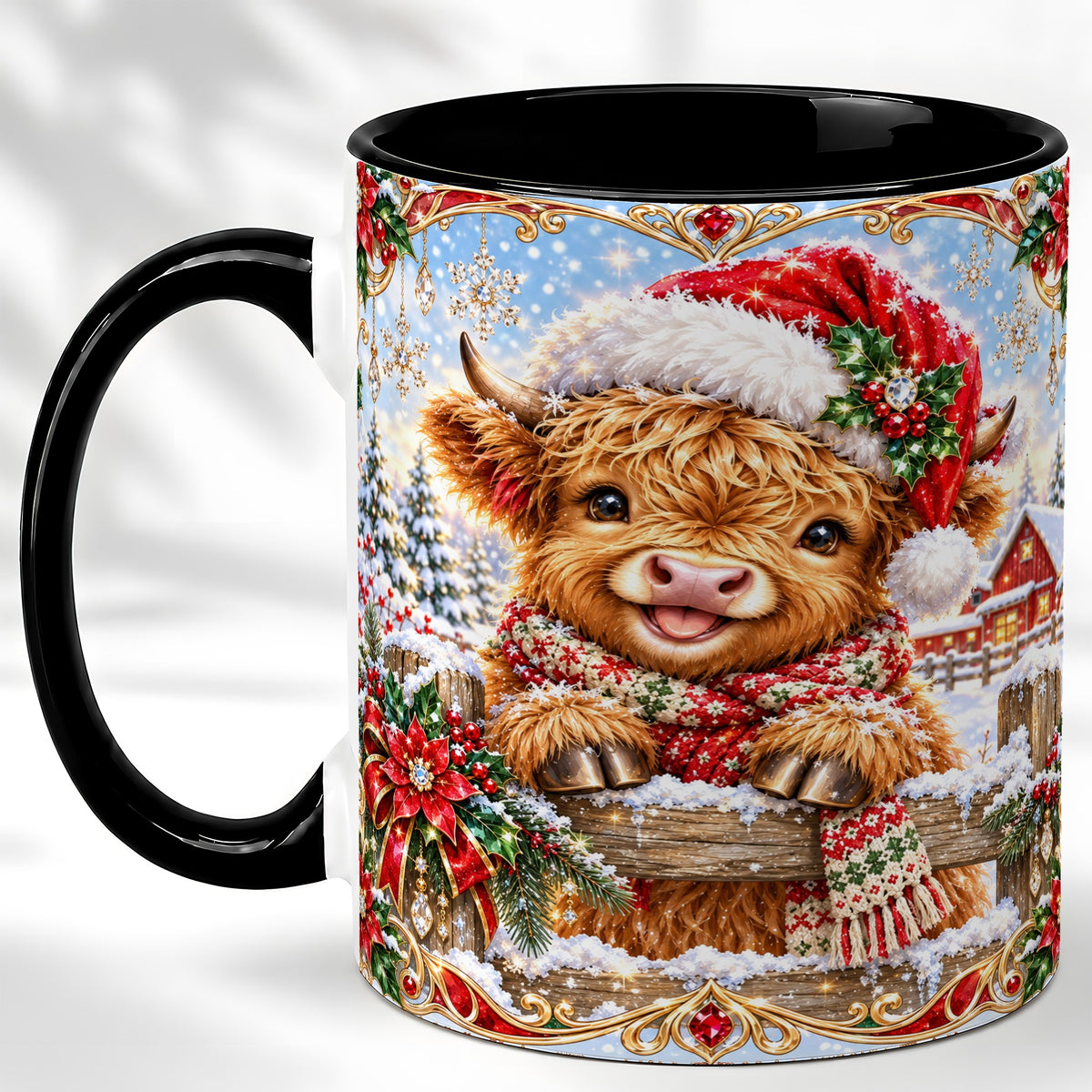 #pl[11oz|Black] Christmas Highland Cow Coffee Mug, Poinsettia Cow Mug, Ceramic Cup