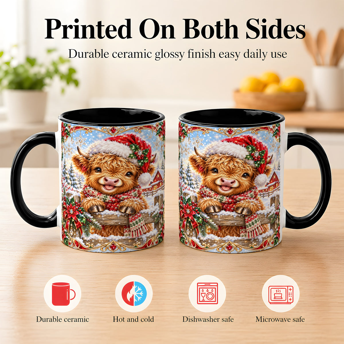 #pl[11oz|Black] Christmas Highland Cow Coffee Mug, Poinsettia Cow Mug, Ceramic Cup