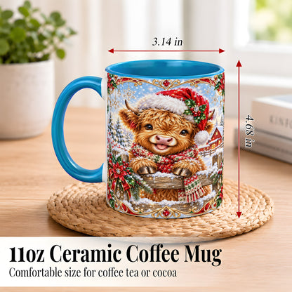 #pl[11oz|Blue] Christmas Highland Cow Coffee Mug, Poinsettia Cow Mug, Ceramic Cup