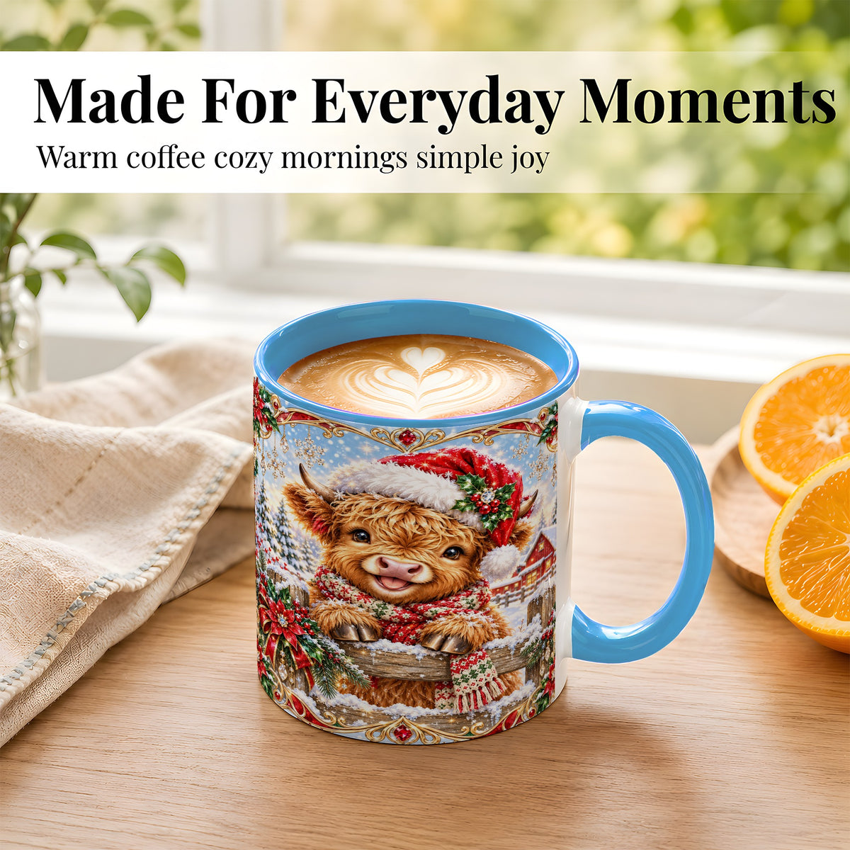 #pl[11oz|Blue] Christmas Highland Cow Coffee Mug, Poinsettia Cow Mug, Ceramic Cup