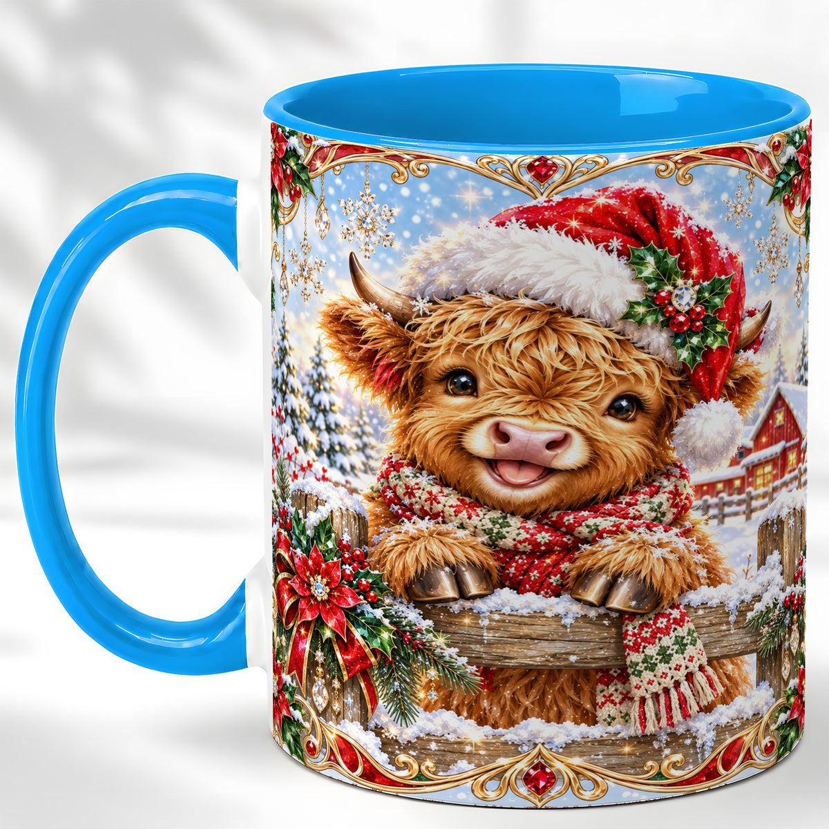 #pl[11oz|Blue] Christmas Highland Cow Coffee Mug, Poinsettia Cow Mug, Ceramic Cup