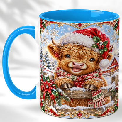 #pl[11oz|Blue] Christmas Highland Cow Coffee Mug, Poinsettia Cow Mug, Ceramic Cup