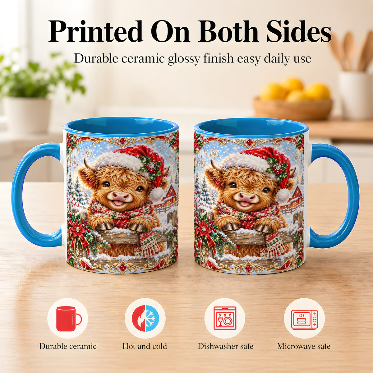 #pl[11oz|Blue] Christmas Highland Cow Coffee Mug, Poinsettia Cow Mug, Ceramic Cup