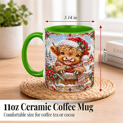 #pl[11oz|Green] Christmas Highland Cow Coffee Mug, Poinsettia Cow Mug, Ceramic Cup