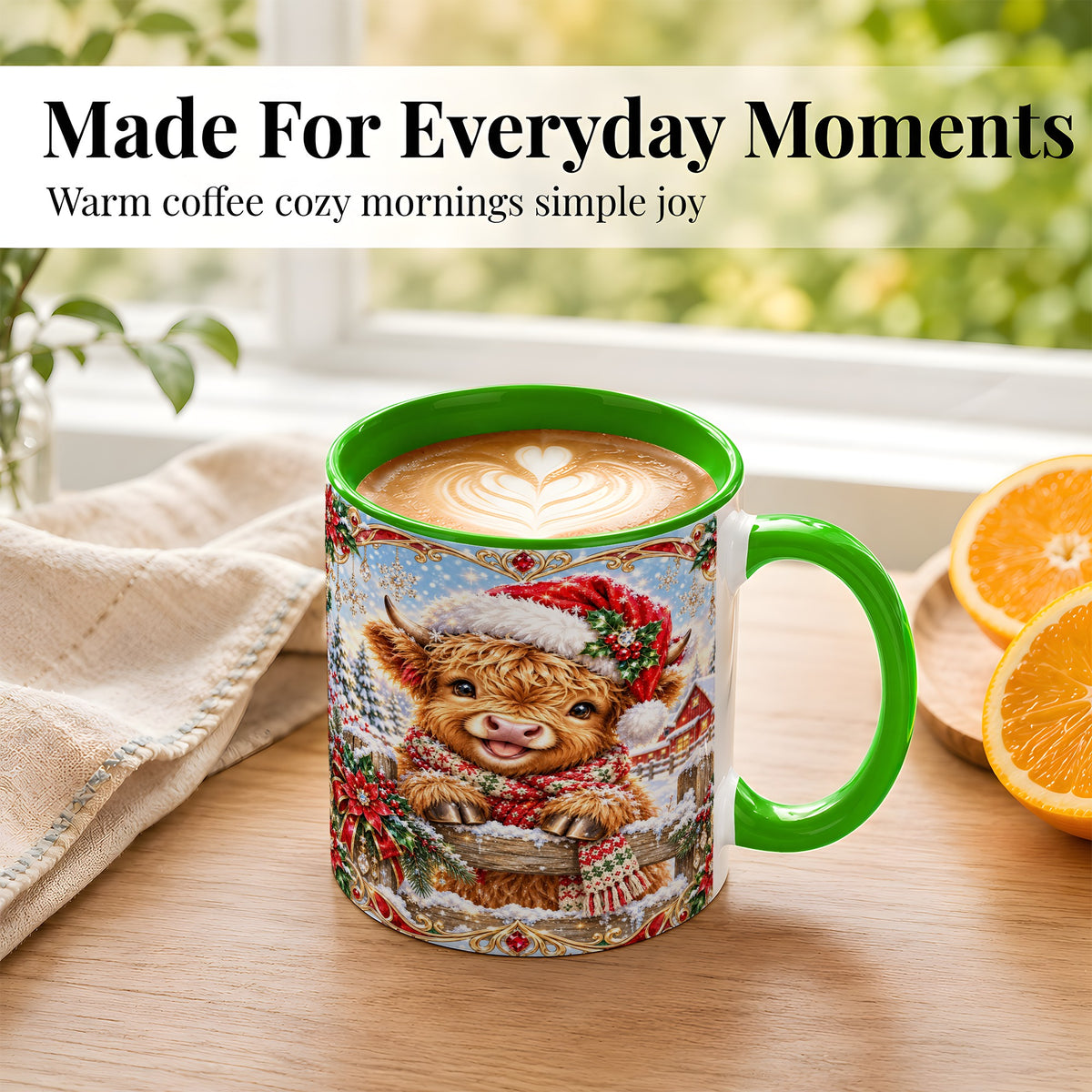 #pl[11oz|Green] Christmas Highland Cow Coffee Mug, Poinsettia Cow Mug, Ceramic Cup