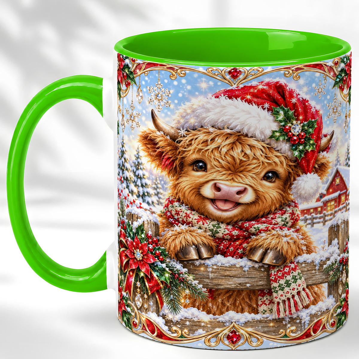 #pl[11oz|Green] Christmas Highland Cow Coffee Mug, Poinsettia Cow Mug, Ceramic Cup
