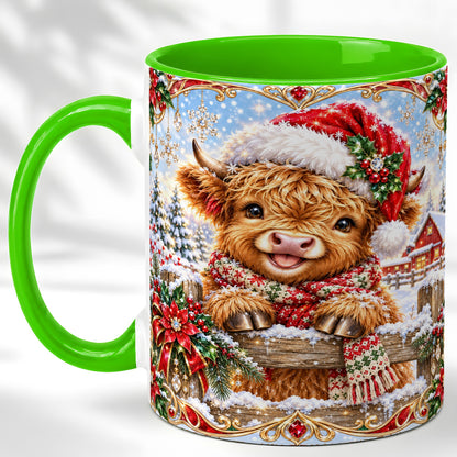 #pl[11oz|Green] Christmas Highland Cow Coffee Mug, Poinsettia Cow Mug, Ceramic Cup