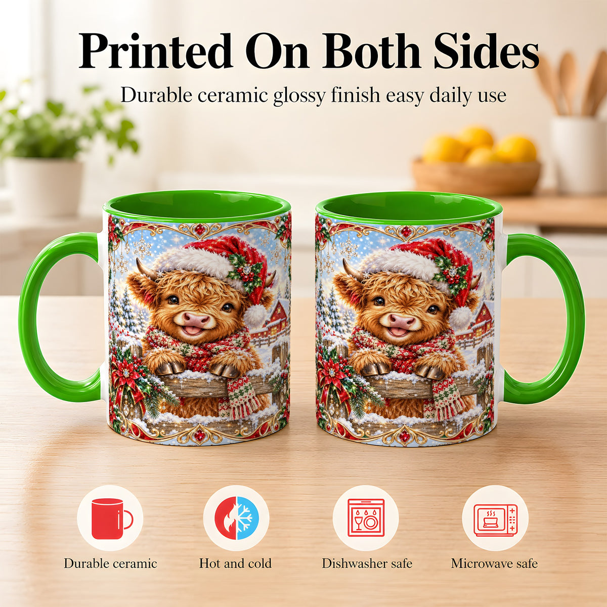 #pl[11oz|Green] Christmas Highland Cow Coffee Mug, Poinsettia Cow Mug, Ceramic Cup