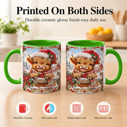 #pl[11oz|Green] Christmas Highland Cow Coffee Mug, Poinsettia Cow Mug, Ceramic Cup