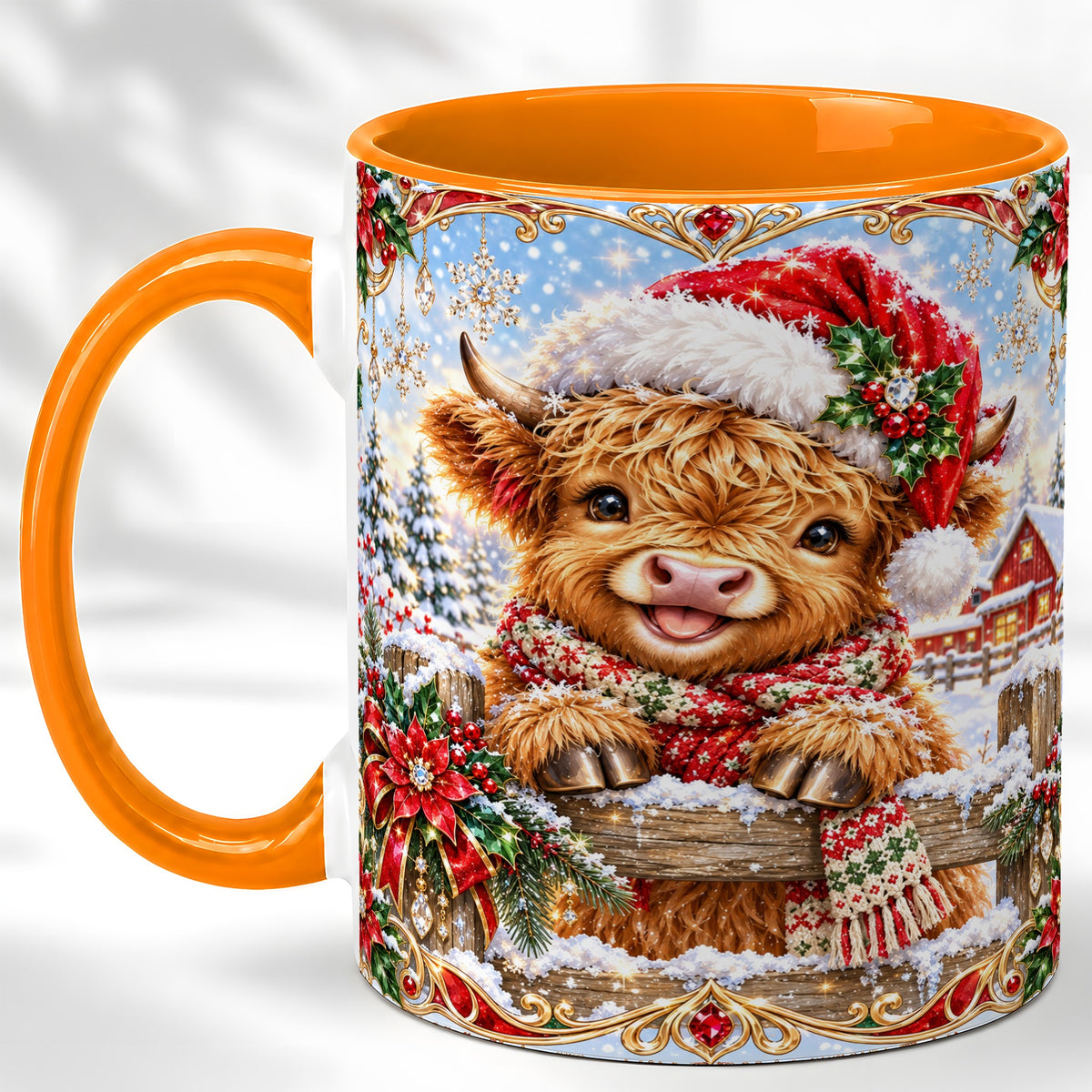 #pl[11oz|Orange] Christmas Highland Cow Coffee Mug, Poinsettia Cow Mug, Ceramic Cup
