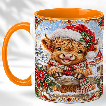 #pl[11oz|Orange] Christmas Highland Cow Coffee Mug, Poinsettia Cow Mug, Ceramic Cup
