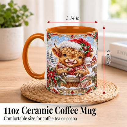 #pl[11oz|Orange] Christmas Highland Cow Coffee Mug, Poinsettia Cow Mug, Ceramic Cup
