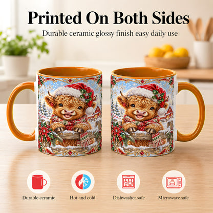 #pl[11oz|Orange] Christmas Highland Cow Coffee Mug, Poinsettia Cow Mug, Ceramic Cup
