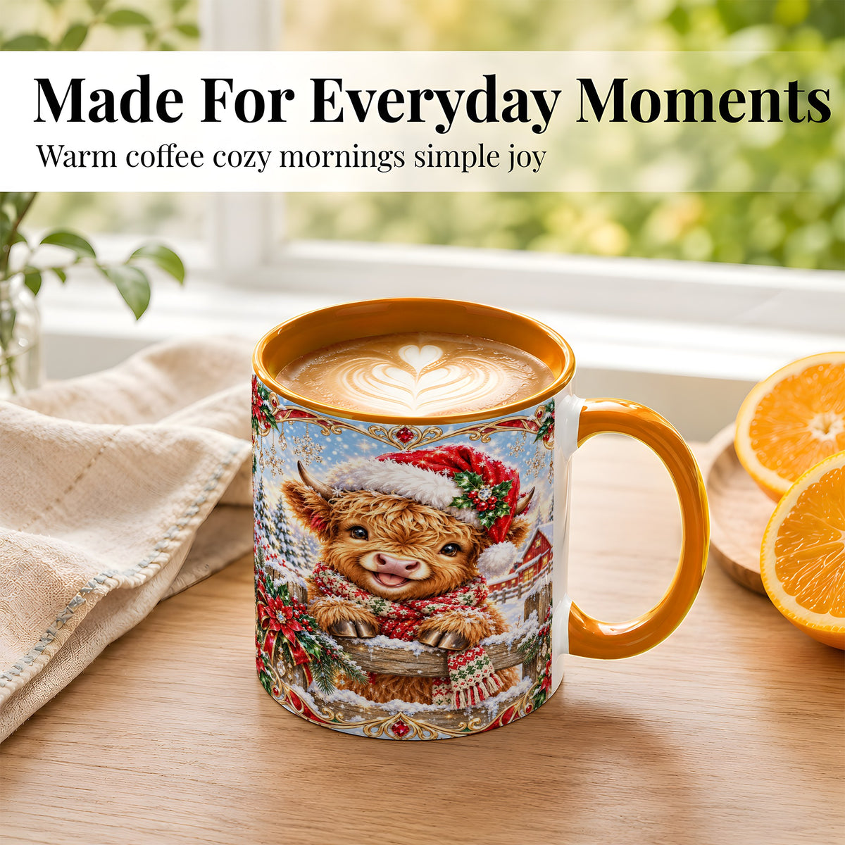 #pl[11oz|Orange] Christmas Highland Cow Coffee Mug, Poinsettia Cow Mug, Ceramic Cup