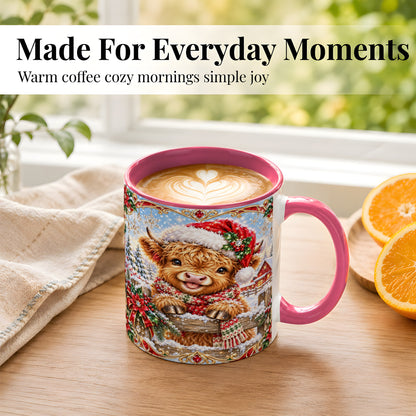 #pl[11oz|Pink] Christmas Highland Cow Coffee Mug, Poinsettia Cow Mug, Ceramic Cup