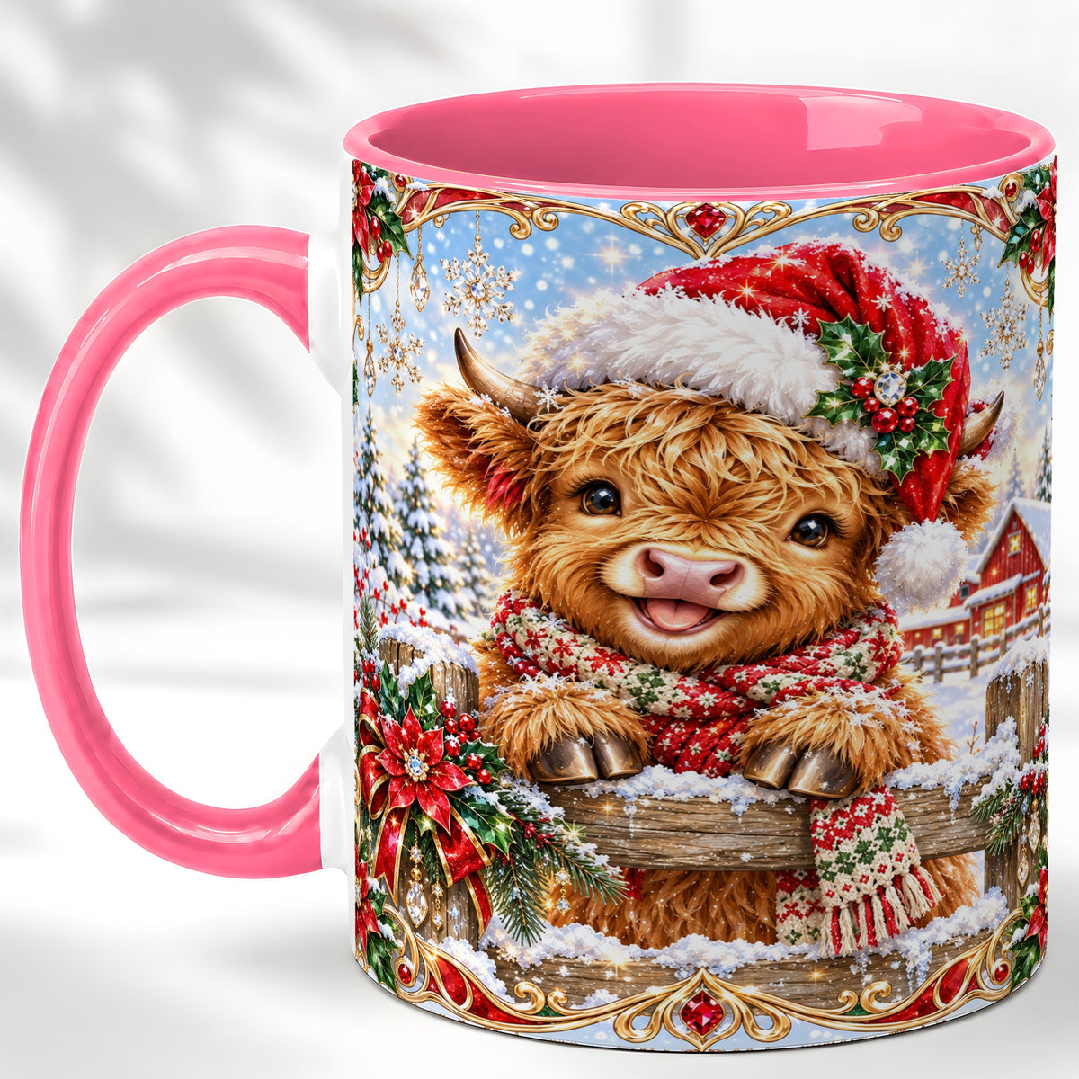 #pl[11oz|Pink] Christmas Highland Cow Coffee Mug, Poinsettia Cow Mug, Ceramic Cup