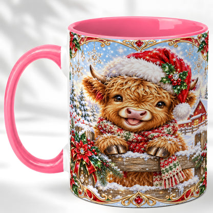 #pl[11oz|Pink] Christmas Highland Cow Coffee Mug, Poinsettia Cow Mug, Ceramic Cup