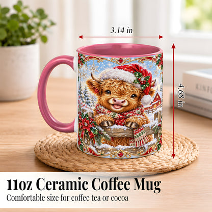 #pl[11oz|Pink] Christmas Highland Cow Coffee Mug, Poinsettia Cow Mug, Ceramic Cup