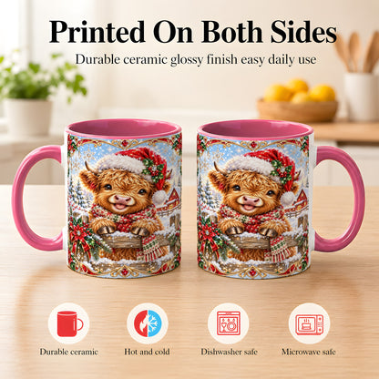 #pl[11oz|Pink] Christmas Highland Cow Coffee Mug, Poinsettia Cow Mug, Ceramic Cup