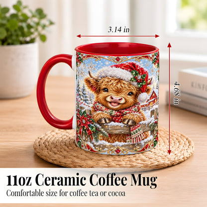#pl[11oz|Red] Christmas Highland Cow Coffee Mug, Poinsettia Cow Mug, Ceramic Cup