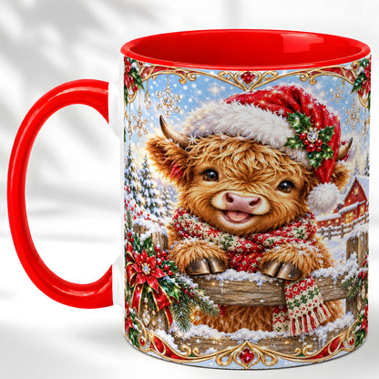 #pl[11oz|Red] Christmas Highland Cow Coffee Mug, Poinsettia Cow Mug, Ceramic Cup