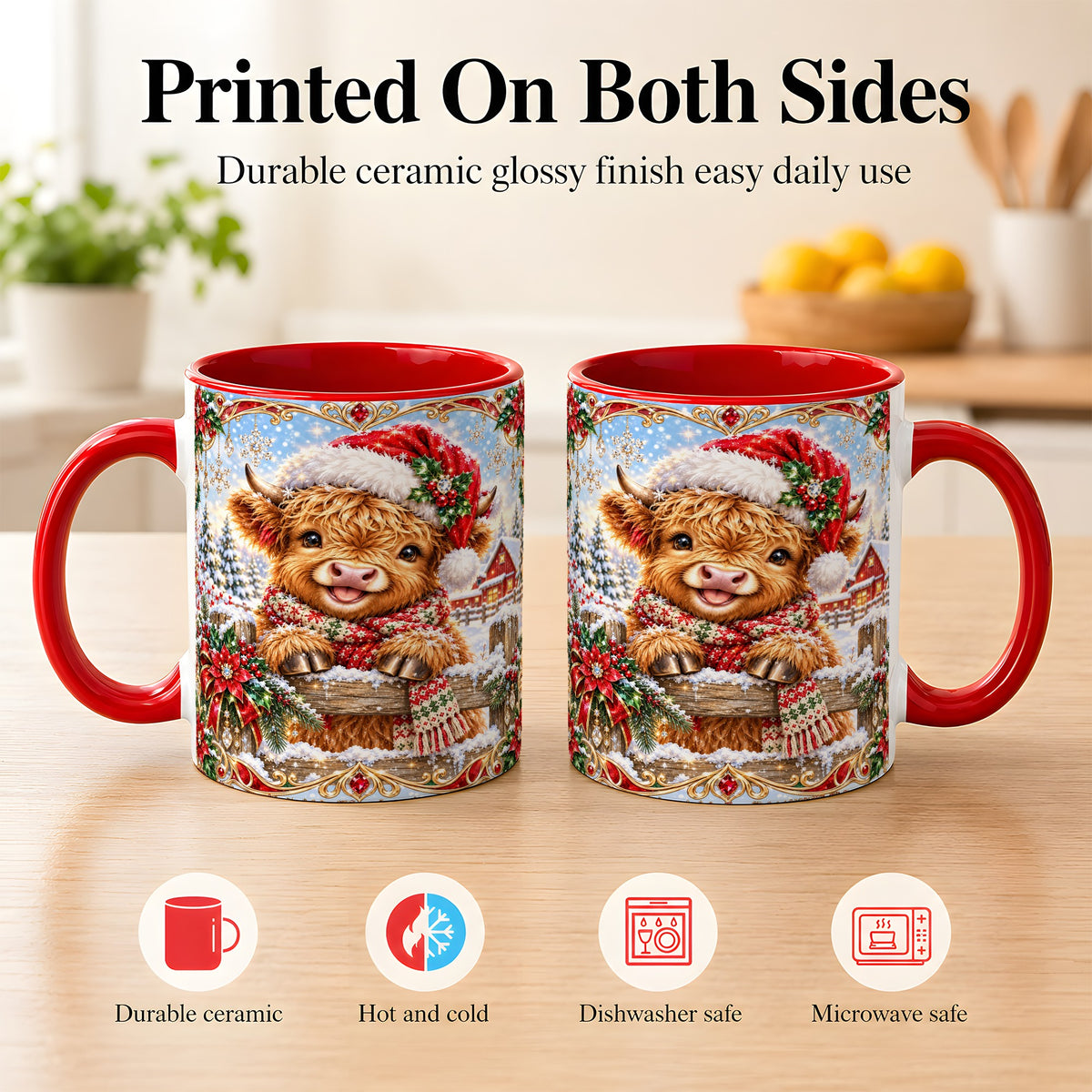 #pl[11oz|Red] Christmas Highland Cow Coffee Mug, Poinsettia Cow Mug, Ceramic Cup