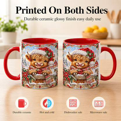 #pl[11oz|Red] Christmas Highland Cow Coffee Mug, Poinsettia Cow Mug, Ceramic Cup