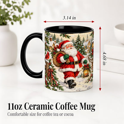 #pl[11oz|Black] Vintage Santa Accent Mug, Ceramic Mug with Christmas Village Art