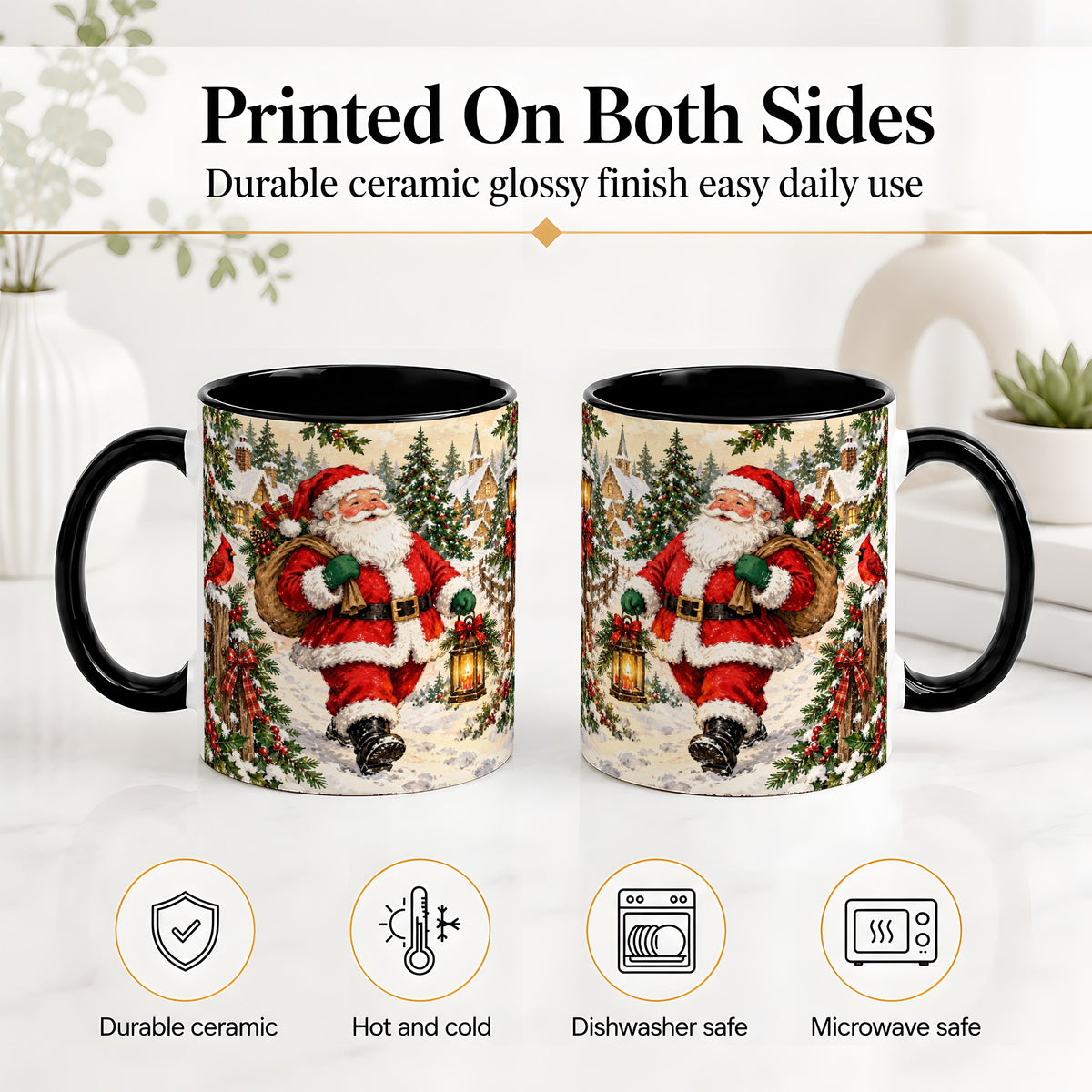 #pl[11oz|Black] Vintage Santa Accent Mug, Ceramic Mug with Christmas Village Art