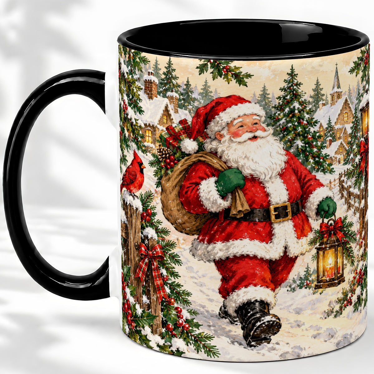 #pl[11oz|Black] Vintage Santa Accent Mug, Ceramic Mug with Christmas Village Art