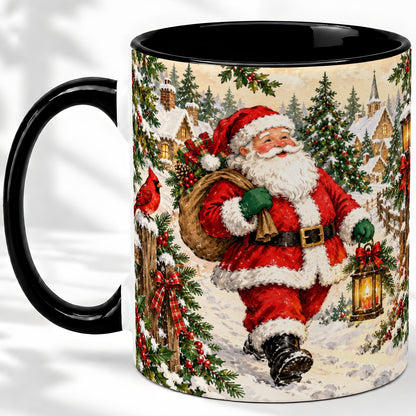 #pl[11oz|Black] Vintage Santa Accent Mug, Ceramic Mug with Christmas Village Art