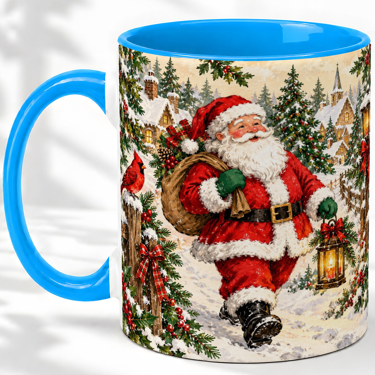 #pl[11oz|Blue] Vintage Santa Accent Mug, Ceramic Mug with Christmas Village Art
