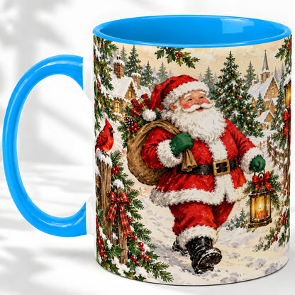 #pl[11oz|Blue] Vintage Santa Accent Mug, Ceramic Mug with Christmas Village Art