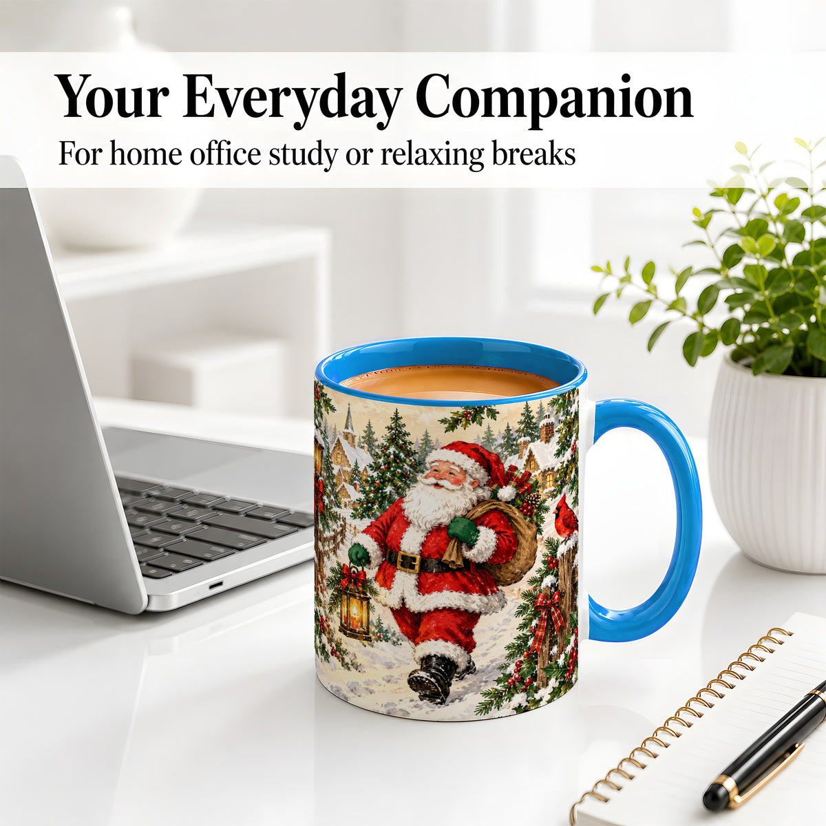 #pl[11oz|Blue] Vintage Santa Accent Mug, Ceramic Mug with Christmas Village Art