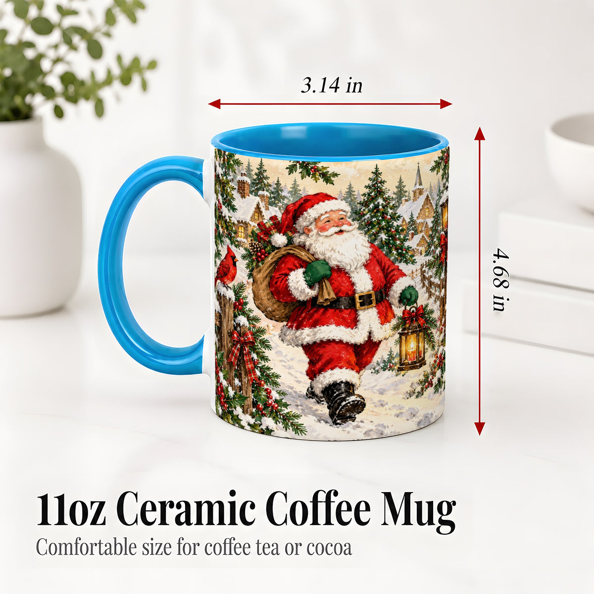 #pl[11oz|Blue] Vintage Santa Accent Mug, Ceramic Mug with Christmas Village Art