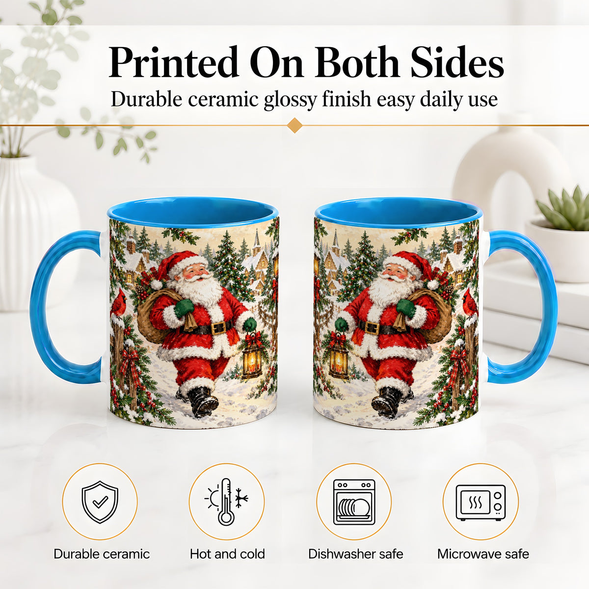 #pl[11oz|Blue] Vintage Santa Accent Mug, Ceramic Mug with Christmas Village Art