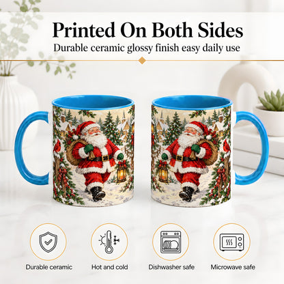 #pl[11oz|Blue] Vintage Santa Accent Mug, Ceramic Mug with Christmas Village Art