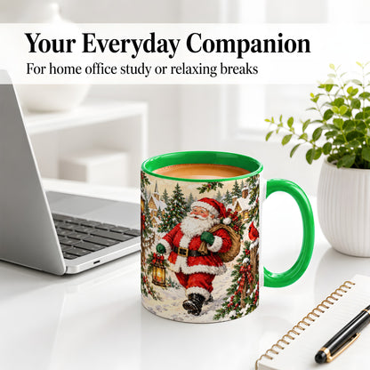 #pl[11oz|Green] Vintage Santa Accent Mug, Ceramic Mug with Christmas Village Art