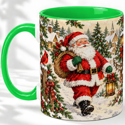 #pl[11oz|Green] Vintage Santa Accent Mug, Ceramic Mug with Christmas Village Art