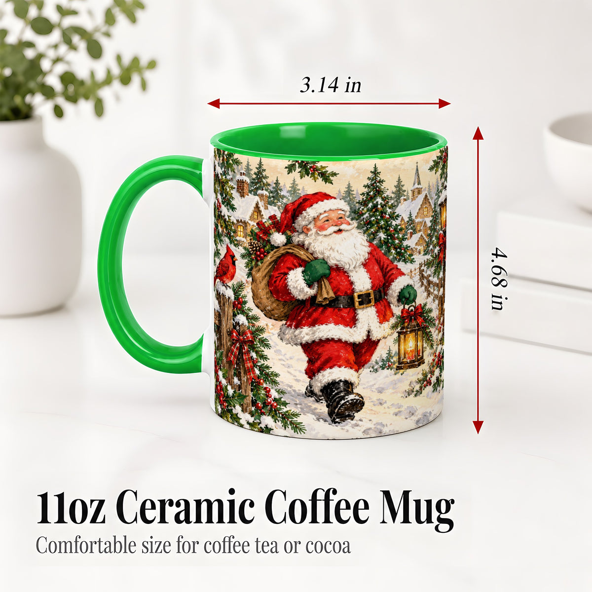 #pl[11oz|Green] Vintage Santa Accent Mug, Ceramic Mug with Christmas Village Art