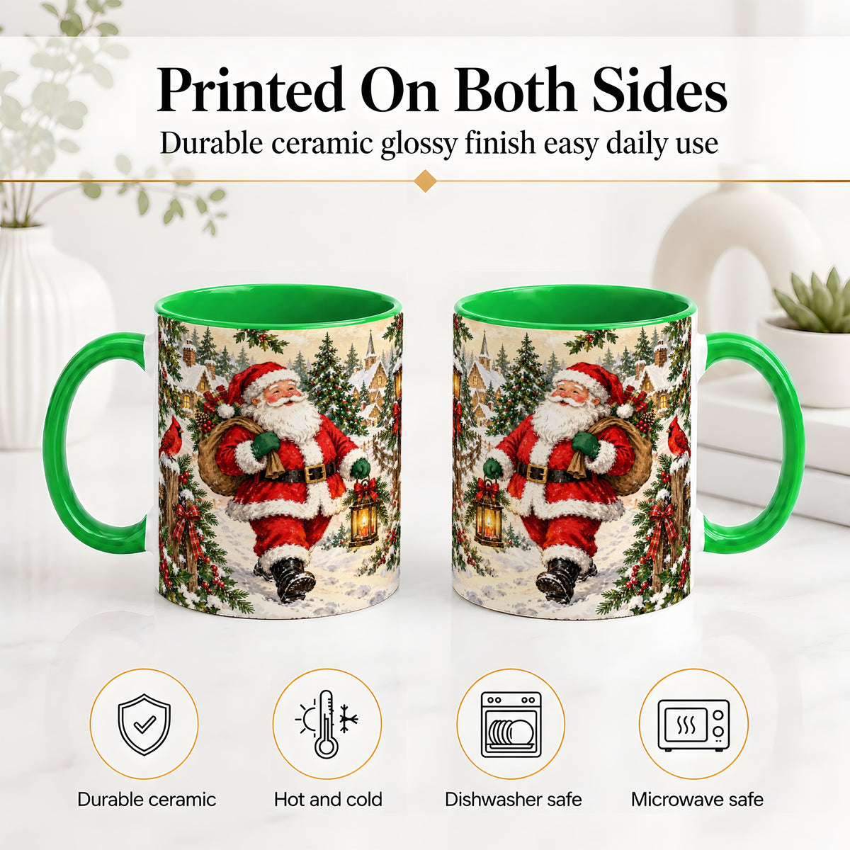 #pl[11oz|Green] Vintage Santa Accent Mug, Ceramic Mug with Christmas Village Art