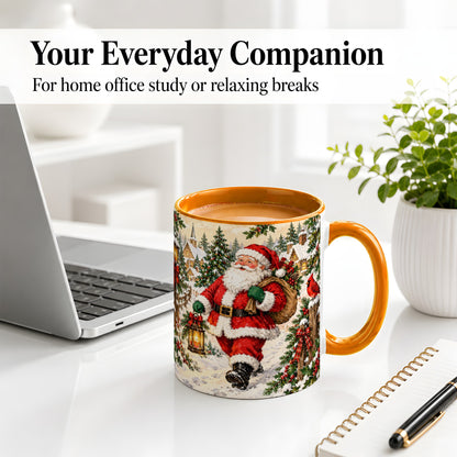 #pl[11oz|Orange] Vintage Santa Accent Mug, Ceramic Mug with Christmas Village Art