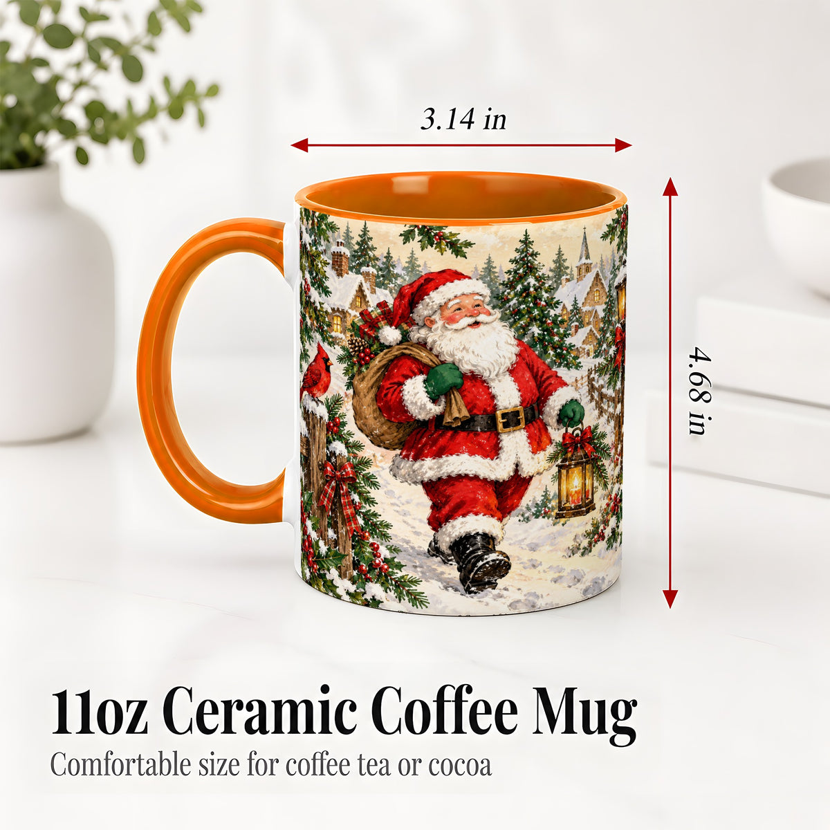 #pl[11oz|Orange] Vintage Santa Accent Mug, Ceramic Mug with Christmas Village Art
