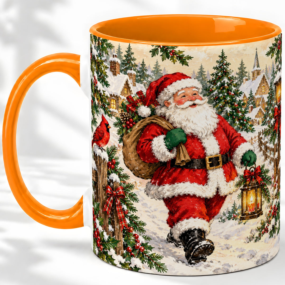 #pl[11oz|Orange] Vintage Santa Accent Mug, Ceramic Mug with Christmas Village Art