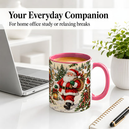 #pl[11oz|Pink] Vintage Santa Accent Mug, Ceramic Mug with Christmas Village Art