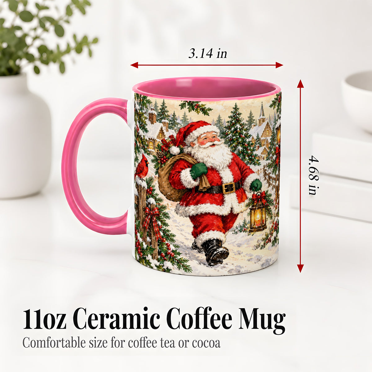 #pl[11oz|Pink] Vintage Santa Accent Mug, Ceramic Mug with Christmas Village Art