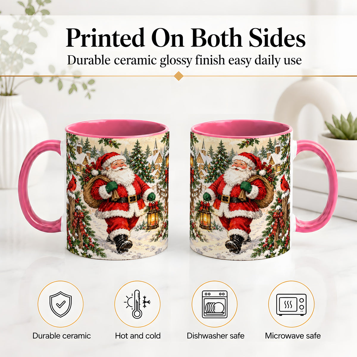 #pl[11oz|Pink] Vintage Santa Accent Mug, Ceramic Mug with Christmas Village Art