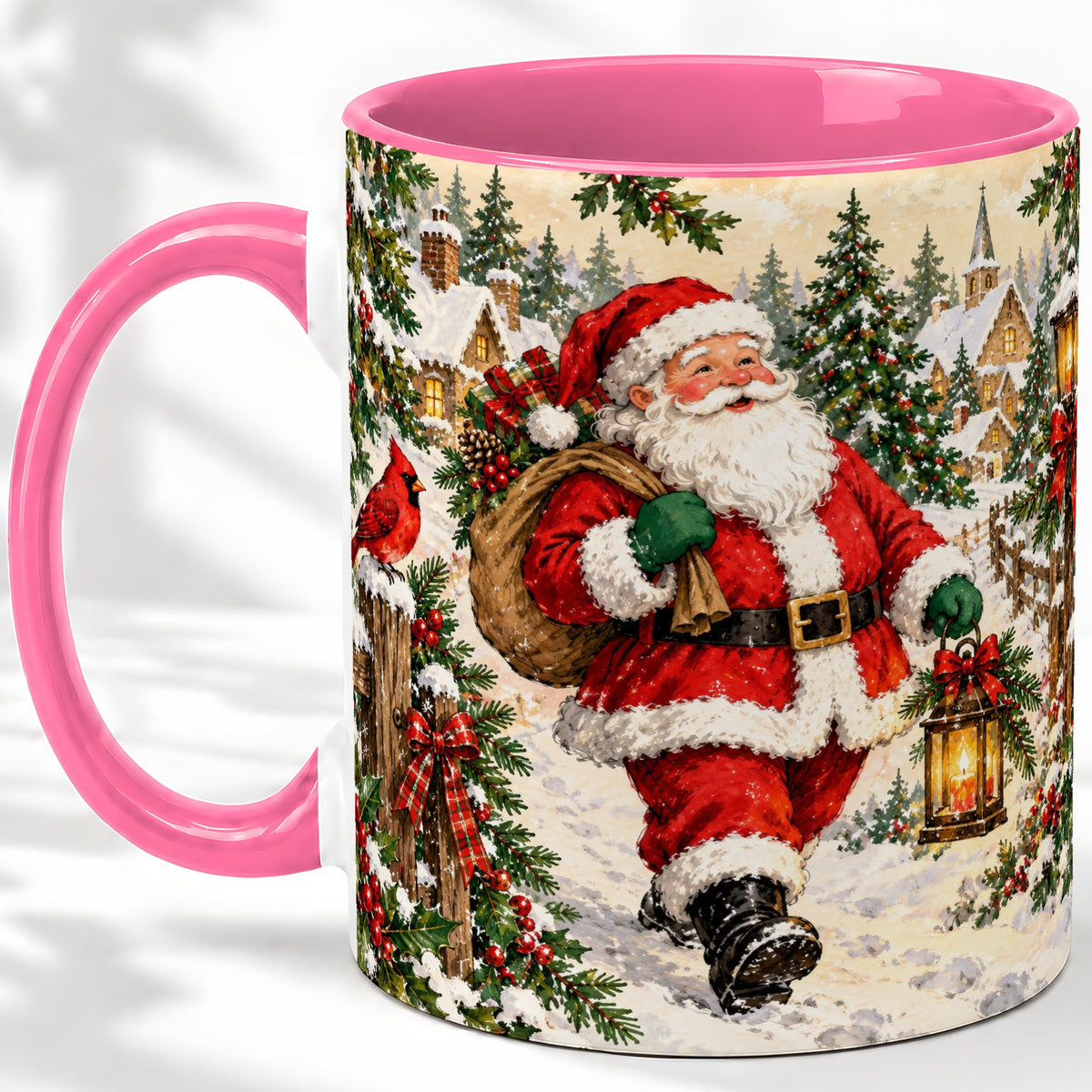 #pl[11oz|Pink] Vintage Santa Accent Mug, Ceramic Mug with Christmas Village Art
