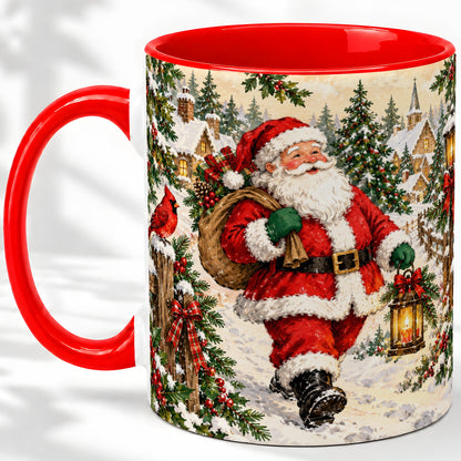 Vintage Santa Accent Mug, Ceramic Mug with Christmas Village Art